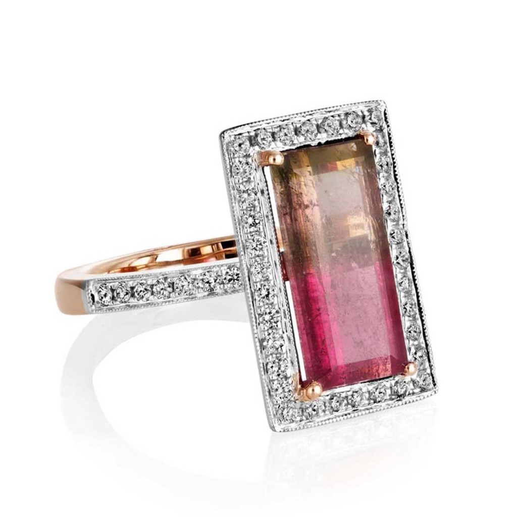 Sheldon Bloomfield watermelon tourmaline and diamond ring in white and rose gold