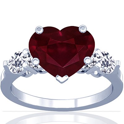 GemsNY 18K White Gold Heart Cut Ruby Ring With Sidestones (GIA Certificate)