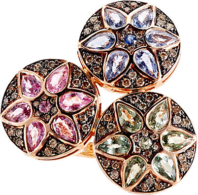 ILEANA MAKRI Deco Triple Flower Ring. Embellished with pavé champagne diamonds, Ileana Makri's Deco Triple Flower ring is crafted of 18k pink gold set with pink, green and blue sapphire "petals."