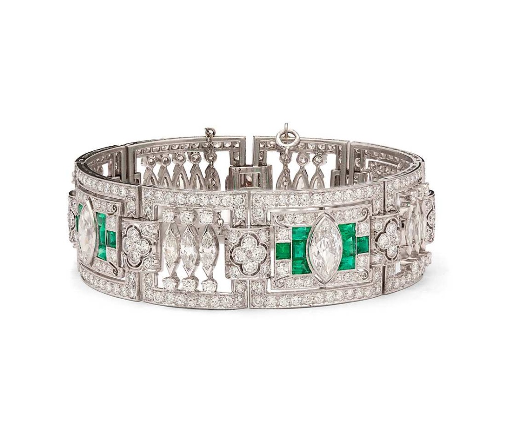 Estate Art Deco Diamond and Emerald Bracelet in Platinum (20 ct. tw.)