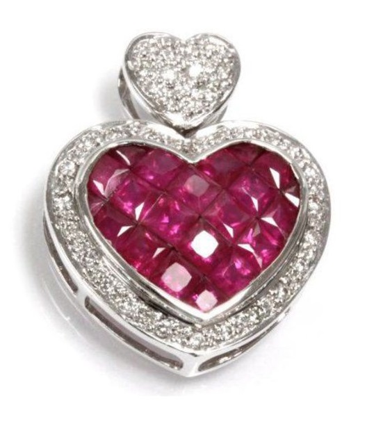 3.13 cttw 14k White Gold Ruby Diamond Heart Pendant With Chain Necklace 18"