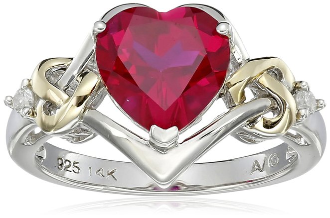 Sterling Silver and 14k Yellow Gold Diamond and Heart-Shaped Created Ruby Ring