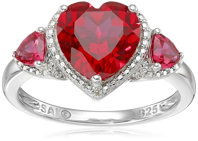 Sterling Silver Created Ruby and Diamond Heart Ring
