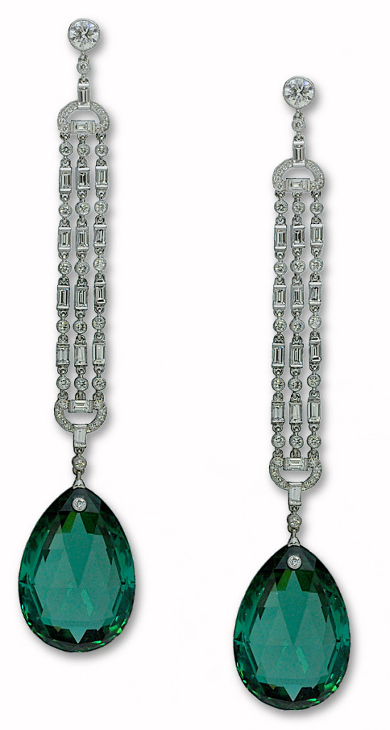 Platinum and Diamond Deco-Style Green Tourmaline Earrings from the Stephen Russell Collection.