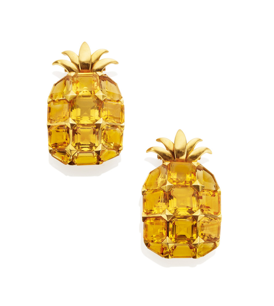 Citrine and Gold Pineapple Clip Brooches by Suzanne Belperron, circa 1942. 