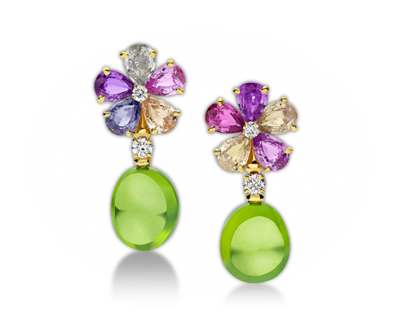 Sapphire Flower 18 kt yellow gold earrings with fancy sapphires, peridots, diamonds and pavé diamonds.