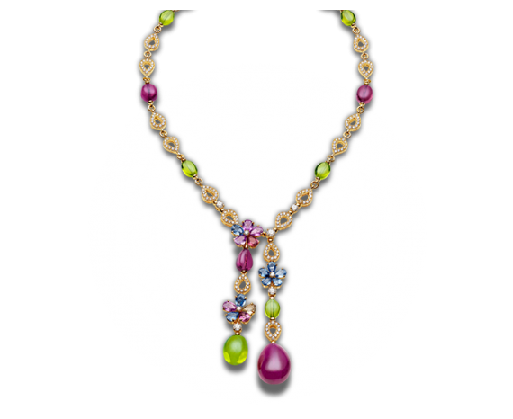 Sapphire Flower 18 kt yellow gold necklace with fancy sapphires, peridots, rubellites, diamonds and pavé diamonds. 14.82-16.80" long.