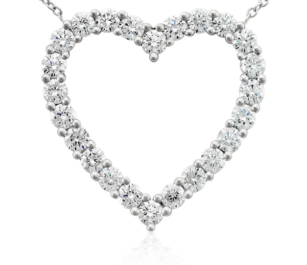 Diamond Heart Pendant in Platinum (2 ct. tw.) Twenty-four brilliant round diamonds, prong-set in platinum, form the shape of a heart. This radiant, romantic piece is suspended from a 19 inch platinum cable link chain with a lobster claw clasp.