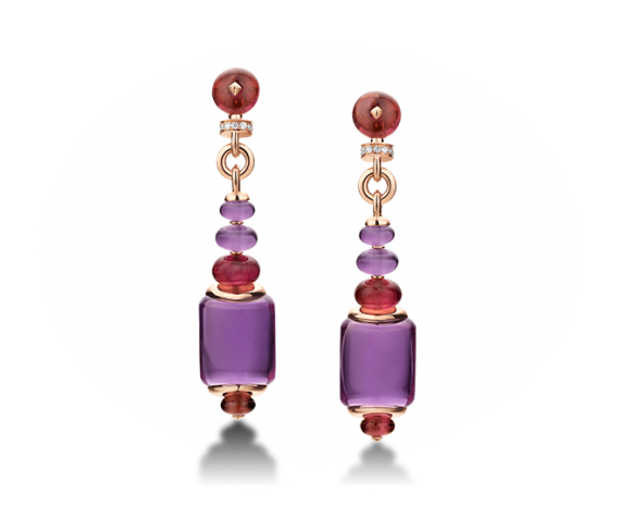 MVSA earrings in 18 kt pink gold with amethysts, rubellite beads and pavé diamonds.