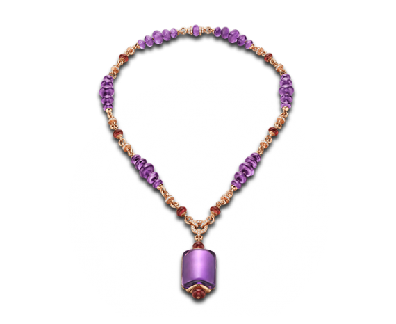 MVSA necklace in 18 kt pink gold with amethyst, rubellite beads and pavé diamonds