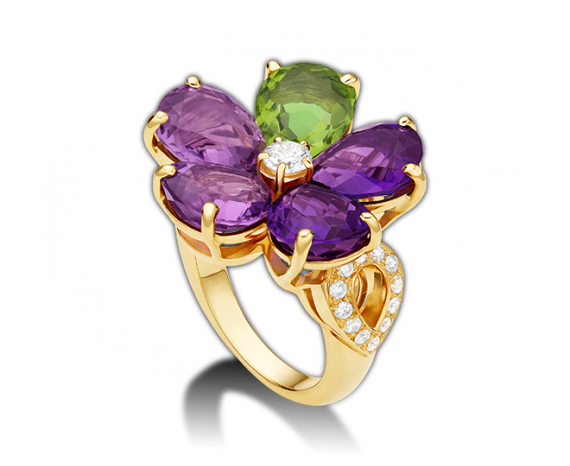 Sapphire Flower 18 kt yellow gold ring with amethysts, peridot and pavé diamonds.