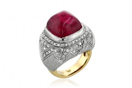 Ashley Morgan pink Tourmaline dome ring. Pink tourmaline dome ring with pave brilliant and rose cut diamonds surrounded with hand engraving in 18-karat white and yellow gold.