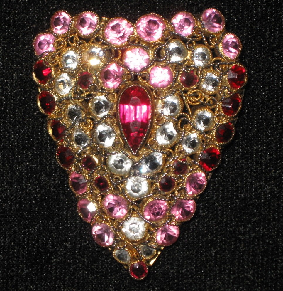 Vintage 1930's "old" Hobe' heart shaped pin / brooch with brilliantly cut clear, pink and red stones.