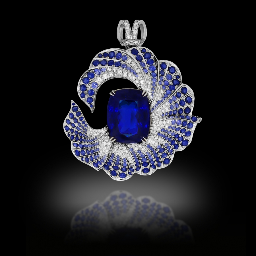 Drapé Brooch 18K White Gold Tanzanite 45+ Carats White Diamonds Blue Sapphires