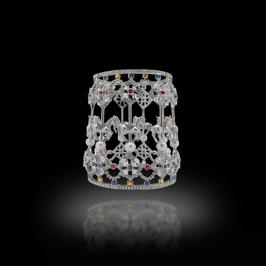 Horse Bangle 18K White Gold White Diamonds,Pearls,Rubies and Sapphires
