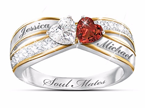 "Two Hearts Become Soul Mates" Topaz & Garnet Engraved Ring