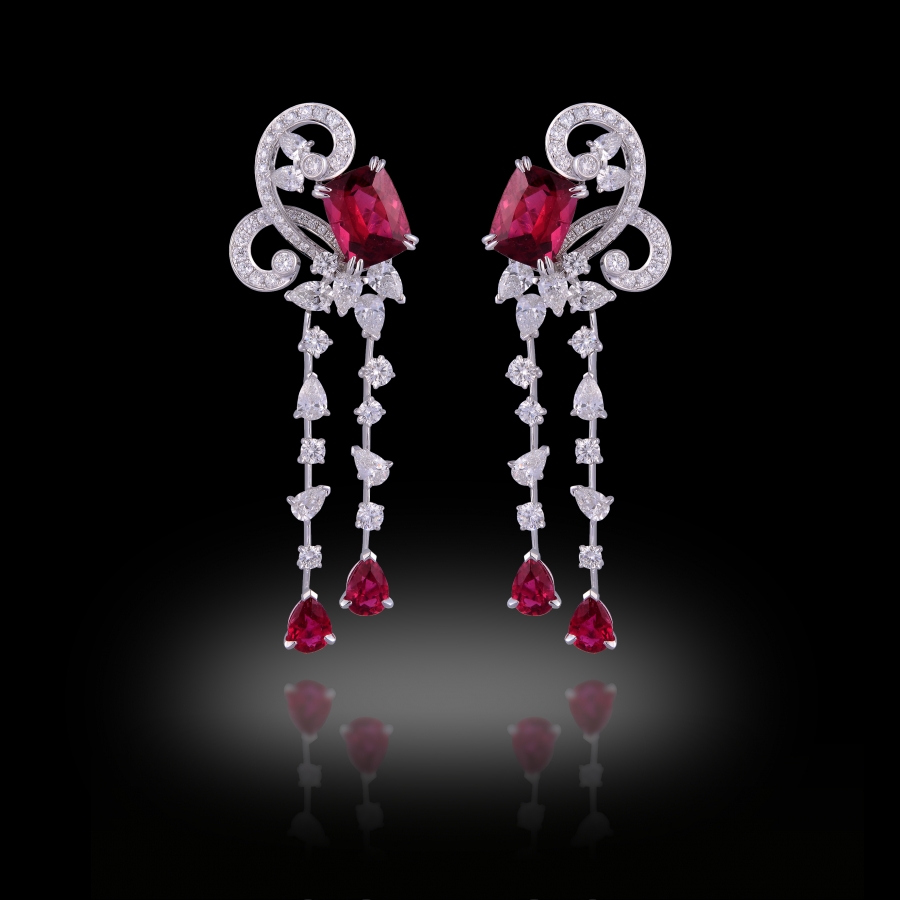 Volute Earrings 18K White Gold Rubellites and White diamonds 