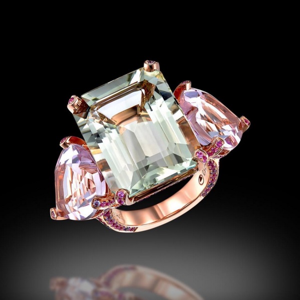 Green Amethyst and Pink Sapphire Ring