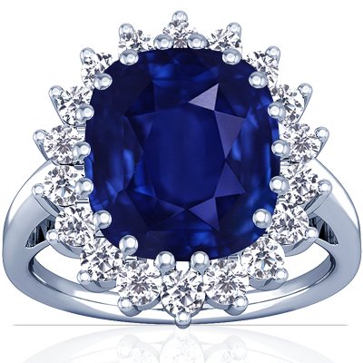 This classical design popularized by Princess Diana is the latest fashion statement and the ultimate gift. It comes with 0.72cttw diamonds rounds surrounding a 9.27ct. center rare untreated blue sapphire cushion. The Sapphire has intense blue color, FL eye clarity and excellent brilliance. 
