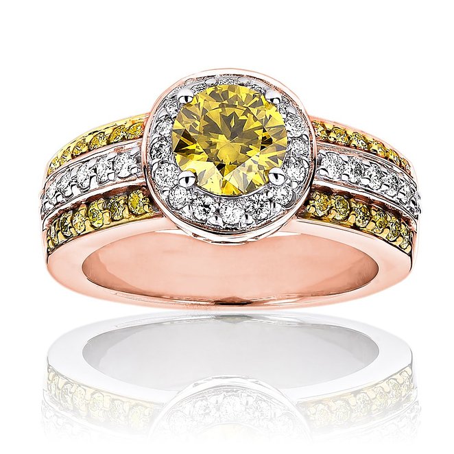 Luxurman Unique White Yellow Diamond Engagement Ring Halo Design 14k Gold 1.6 Ct.