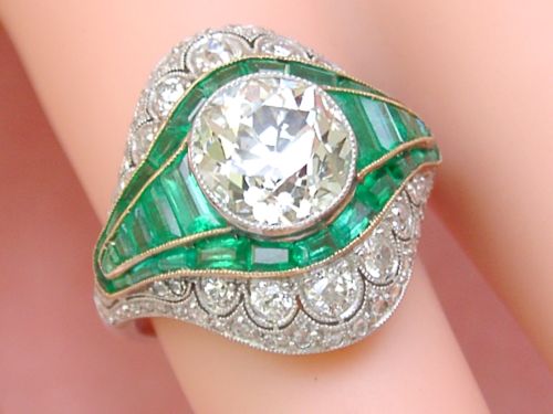 Estate Art Deco 3 Ct Old MIne Diamond 1.7 ctw Emerald Platinum Cocktail Ring