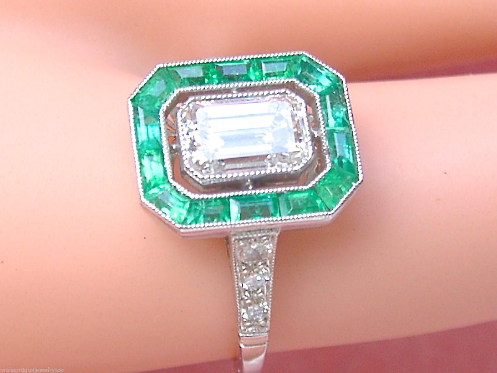 Art Deco 1.03 Ct Emerald Cut Diamond GIA 'E' Color Emerald Halo Engagement Ring