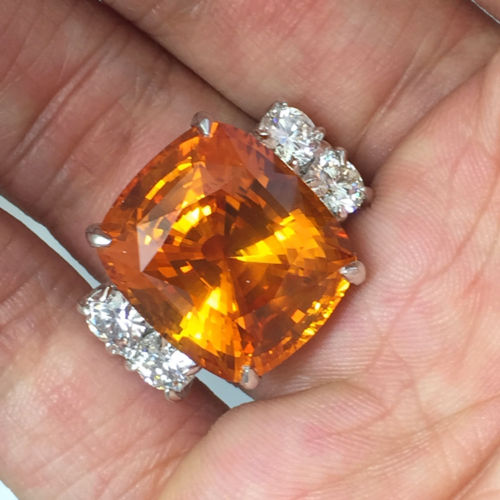 23 CTW Huge Cushion Natural Vivid Orange Sapphire & Diamond Ring GIA