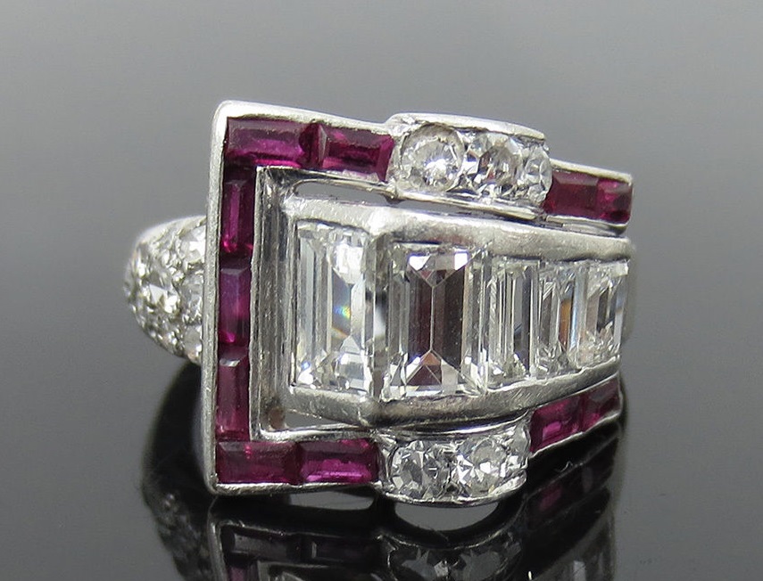 Art Deco 1.0ct Diamond & 0.75ct Baguette Ruby Platinum Buckle Ring
