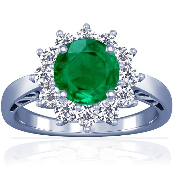 14K White Gold Round Cut Emerald Ring With Sidestones