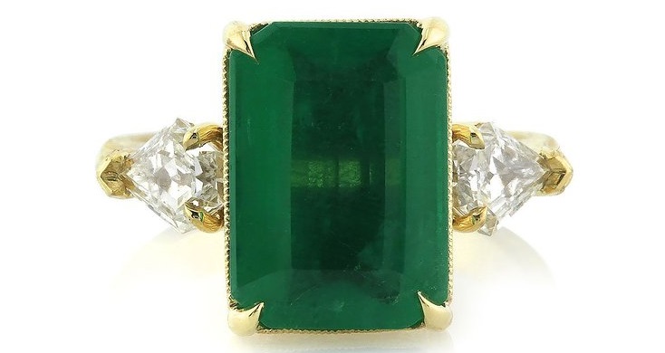 A Gorgeous 6.35ct Emerald and Diamond Three-Stone Ring