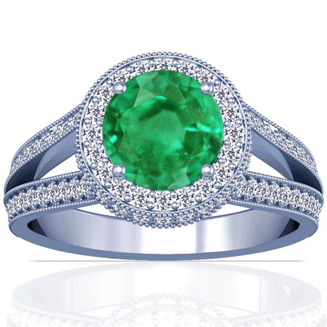 14K White Gold Round Cut Emerald Ring With Sidestones