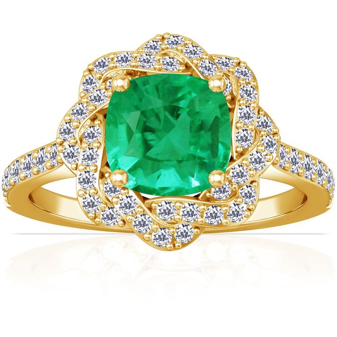 18K Yellow Gold Cushion Cut Emerald Ring With Sidestones