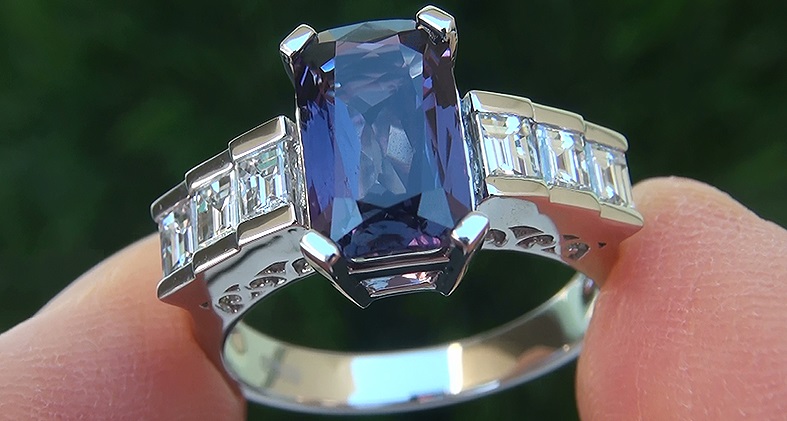 A Stunning 3.54 Carat GIA Certified Unheated & Untreated Natural Color Change Sapphire & Diamond Ring. GIA has noted that this exceptionally rare Color Change gemstone is unheated, making it one of the most collectible of all sapphires given its near flawless VVS1 clarity