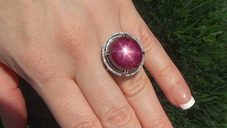 This is a stunning on hand view in direct sunlight that shows the amazing six star asterism of the gorgeous star ruby.