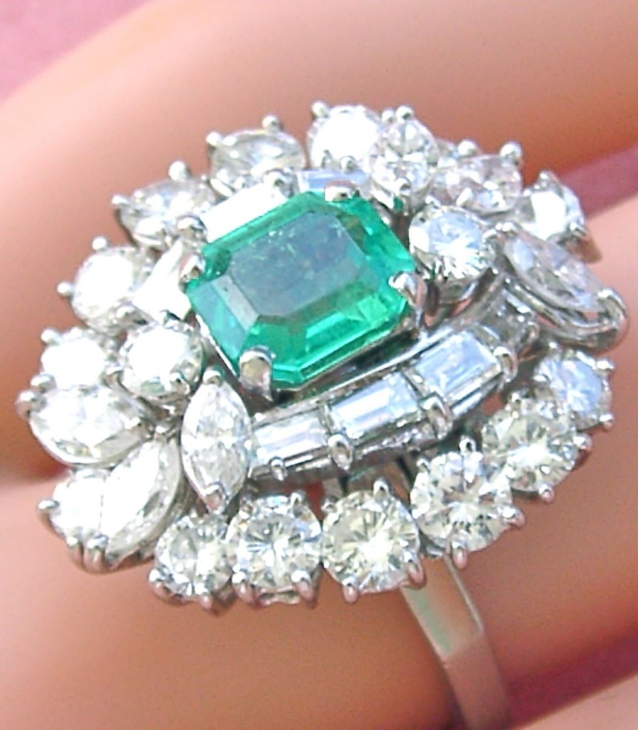 VINTAGE 3.5ctw DIAMOND 1ct EMERALD COCKTAIL RING CONVERTS TO PENDANT 1950 SIGNED