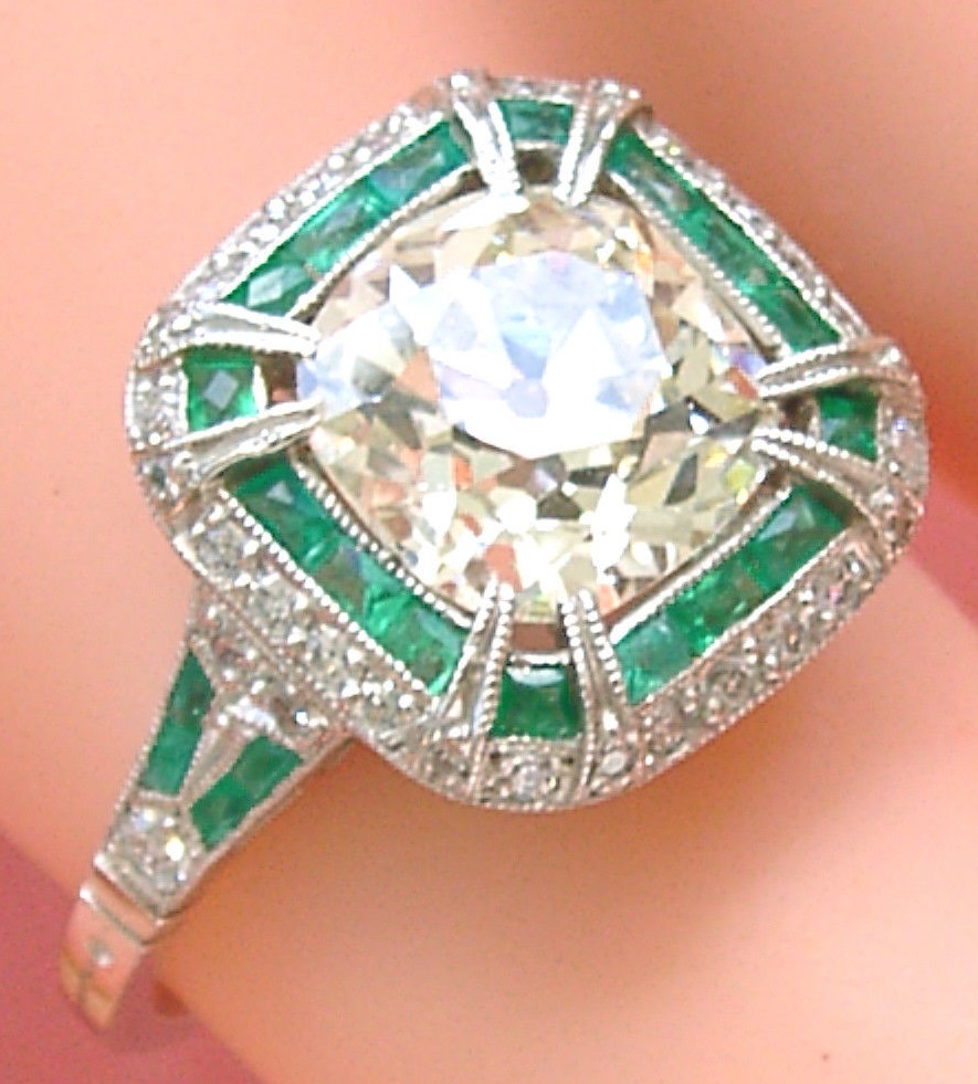 ESTATE ART DECO 2.28ct EURO DIAMOND EMERALD ENGAGEMENT COCKTAIL PLATINUM RING