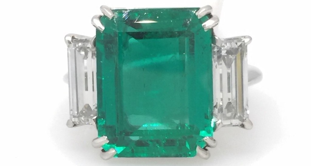 GIA 7.39 ct Colombian Emerald Three-stone Diamonds Ring in Platinum