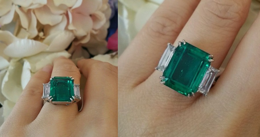 GIA 7.39 ct Colombian Emerald Three-stone Diamonds Ring in Platinum