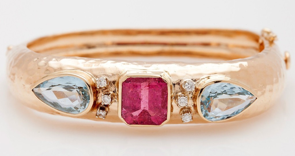 Vintage 30ct Pink Tourmaline Aquamarine Diamond 14k Gold Bangle Bracelet