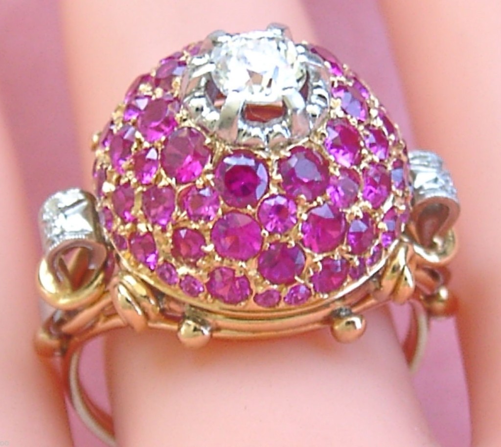 Gorgeous Antique Retro 0.50 Old Mine Diamond 3.5 ctw Pink Ruby 18K Dome Ring Circa 1940