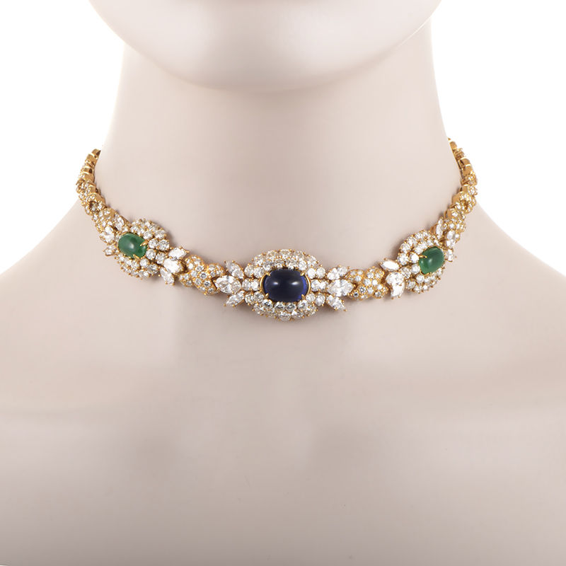 Harry Winston Diamond-Set 18K Yellow Gold Sapphire & Emerald Choker Necklace