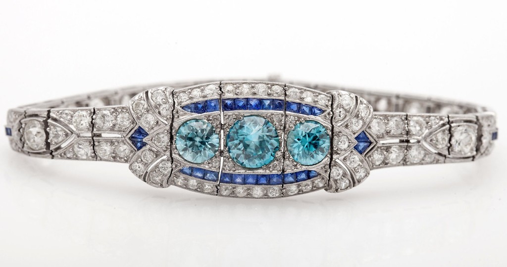 Antique 15ct Old Euro Blue Zircon Sapphire Diamond Platinum Bracelet