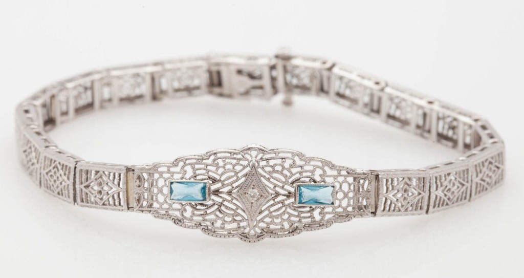 Antique 1920s Aquamarine Diamond 10k White Gold Filigree Bracelet