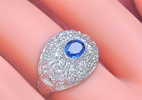 VINTAGE .60ctw DIAMOND .60ct OVAL BLUE SAPPHIRE PLATINUM MOUND RING 1950