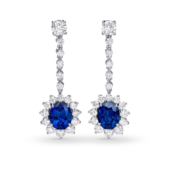 12.15Cts Sapphire Side Diamonds Halo Drop Earrings Set in 18K White Gold