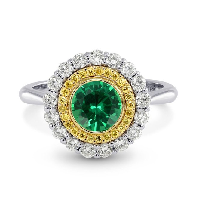 1.11Cts Emerald Gemstone Side Diamonds Halo Ring Set in 18K White Yellow Gold