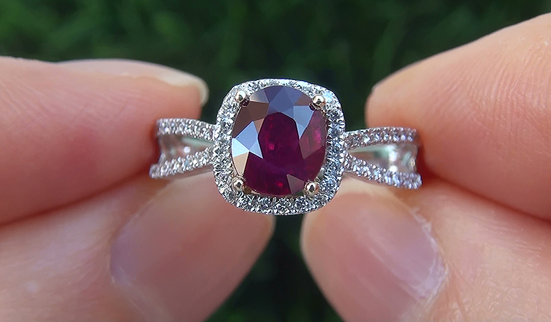 HGT 1.73 ct UNHEATED Natural VS Red Ruby Diamond 14k White Gold Cocktail Ring PRIME Quality Pigeon Blood Red Color 