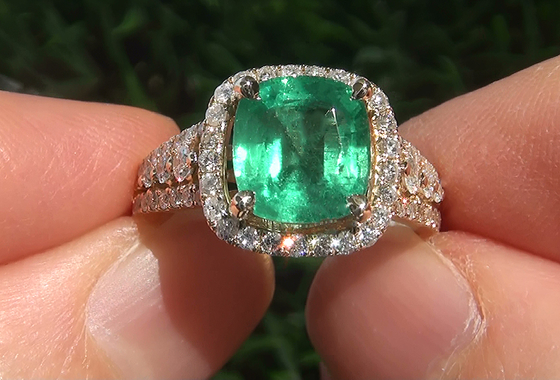 Estate 3.62 ct Natural Colombian Emerald Diamond 14k Yellow Gold Cocktail Ring