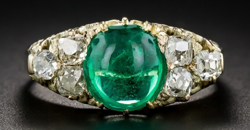 Antique Cabochon Emerald and Diamond Ring