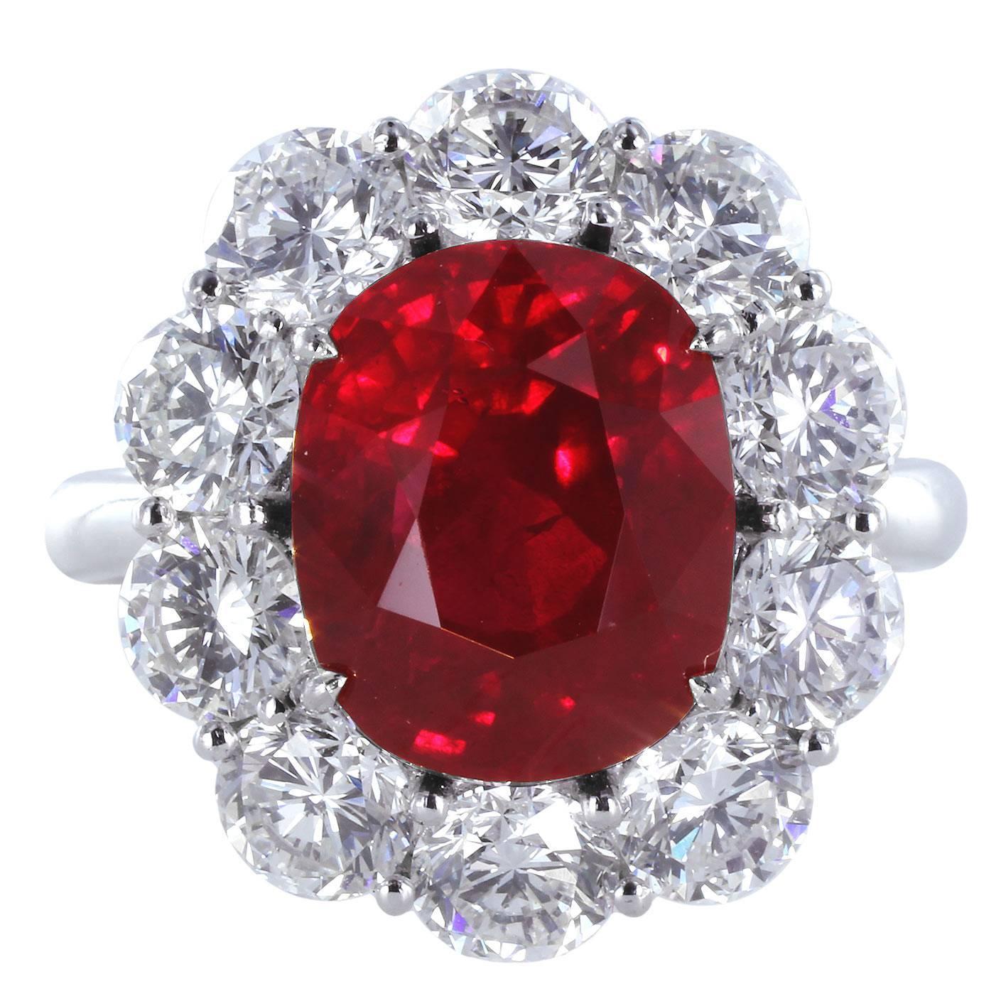 5.04 Carat GIA Cert Burma Ruby Diamond Platinum Cluster Ring